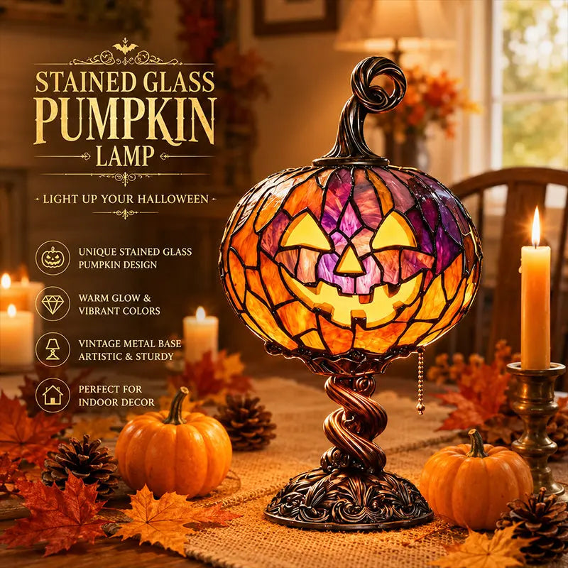 🎃 Halloween Pumpkin Glow Lamp – Vintage Stained-Glass-Style Table Light