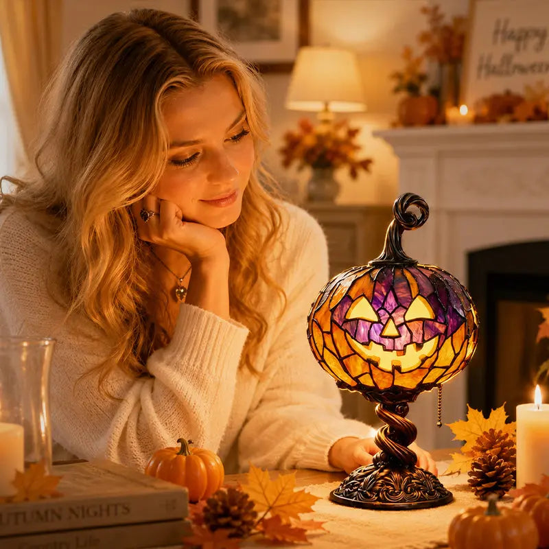 🎃 Halloween Pumpkin Glow Lamp – Vintage Stained-Glass-Style Table Light