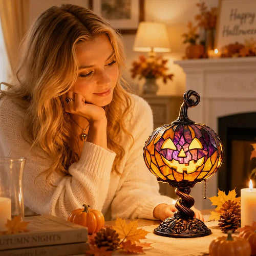 🎃 Halloween Pumpkin Glow Lamp – Vintage Stained-Glass-Style Table Light