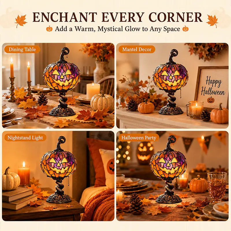🎃 Halloween Pumpkin Glow Lamp – Vintage Stained-Glass-Style Table Light
