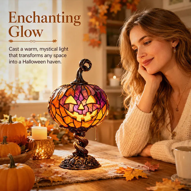 🎃 Halloween Pumpkin Glow Lamp – Vintage Stained-Glass-Style Table Light
