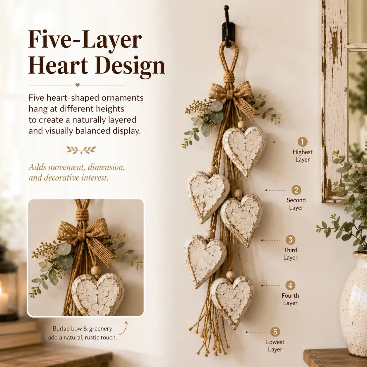 🤎 Handcrafted Hanging Heart Wall Decor – A Heartwarming Gift for Every Home