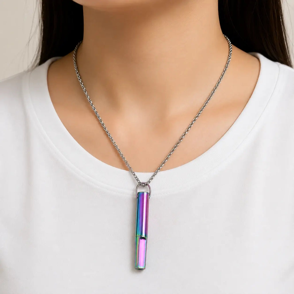 Woman wearing AeroVeya breathing necklace for mindful breathing
