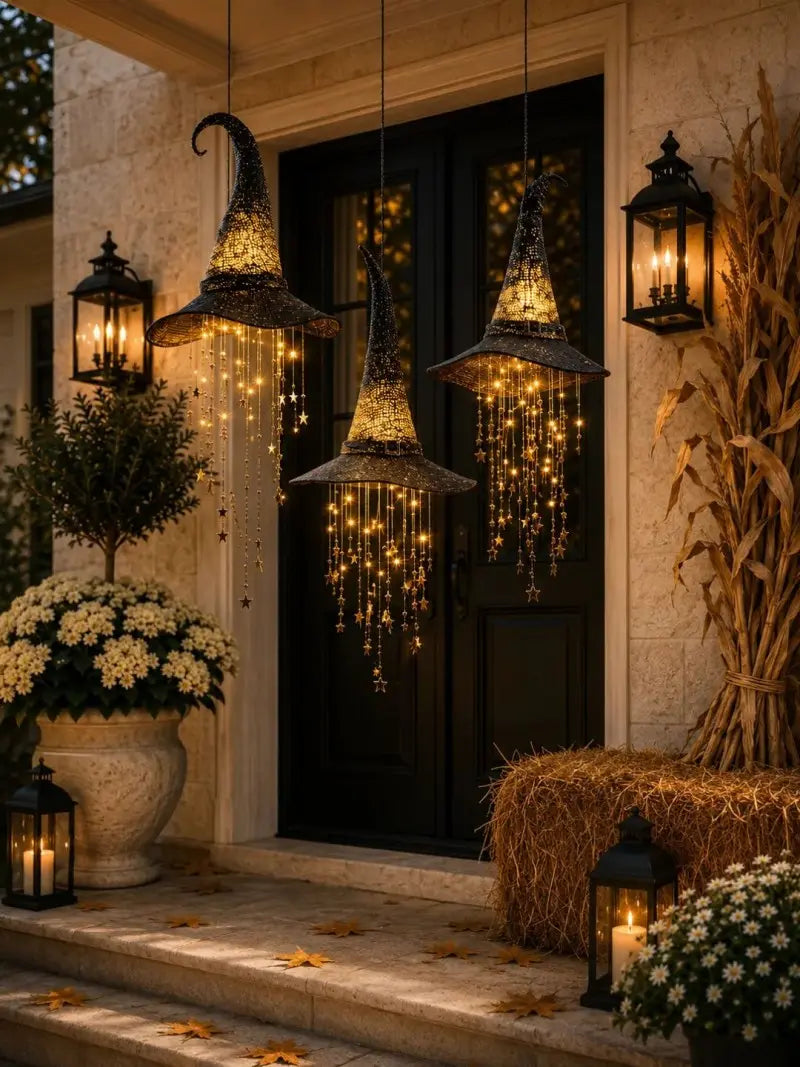 3 Pack Lighted Hanging Witch Hat Star Garland Halloween Decor
