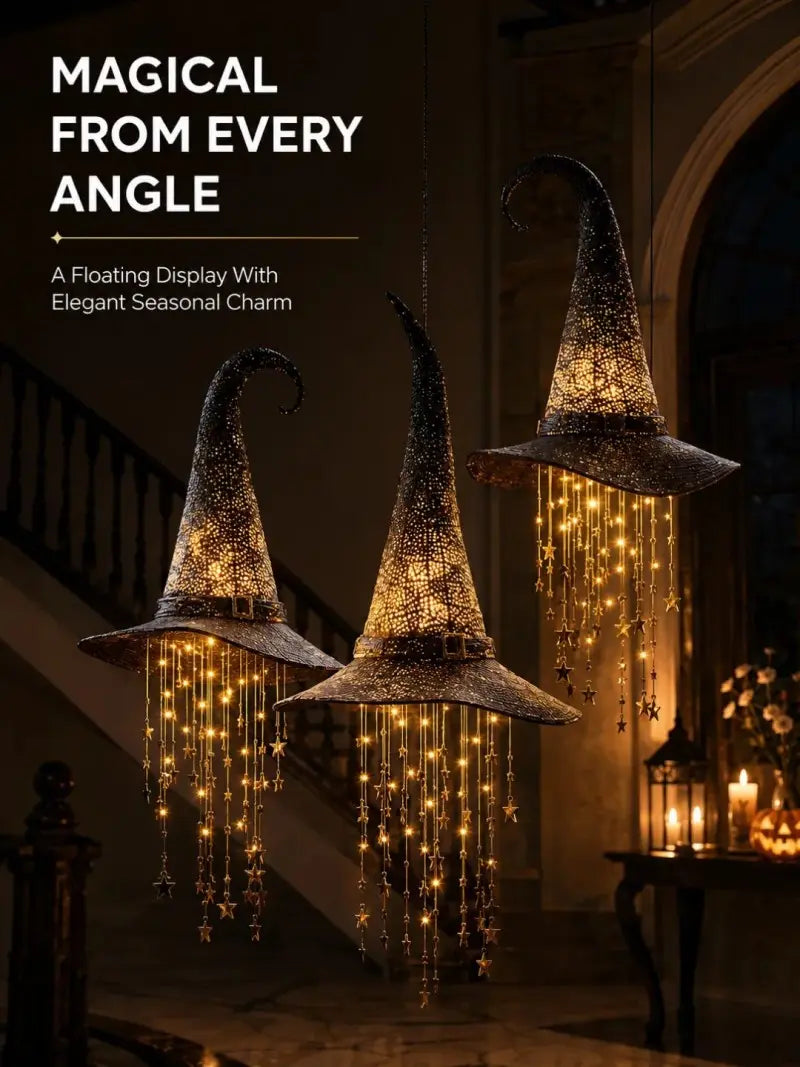 3 Pack Lighted Hanging Witch Hat Star Garland Halloween Decor